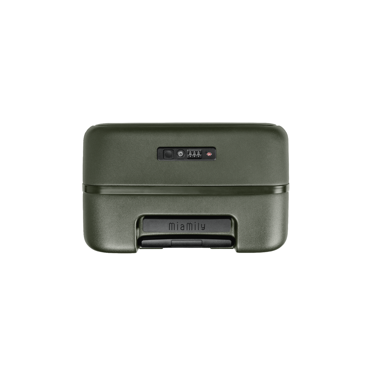 Olive green MiaMily Carry On Pro suitcase with wheels and retractable handle, showing its sleek design and compact size.