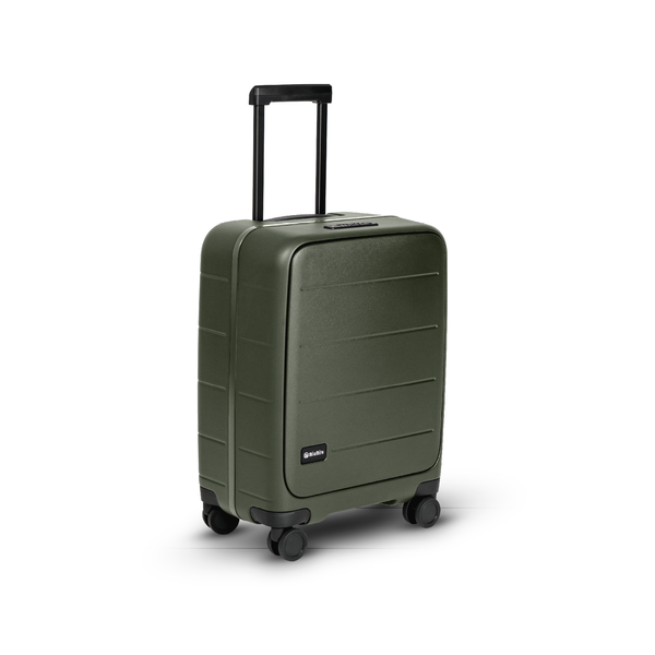 Olive green MiaMily Carry On Pro suitcase with expandable design and four spinner wheels, featuring a sturdy handle and sleek exterior.