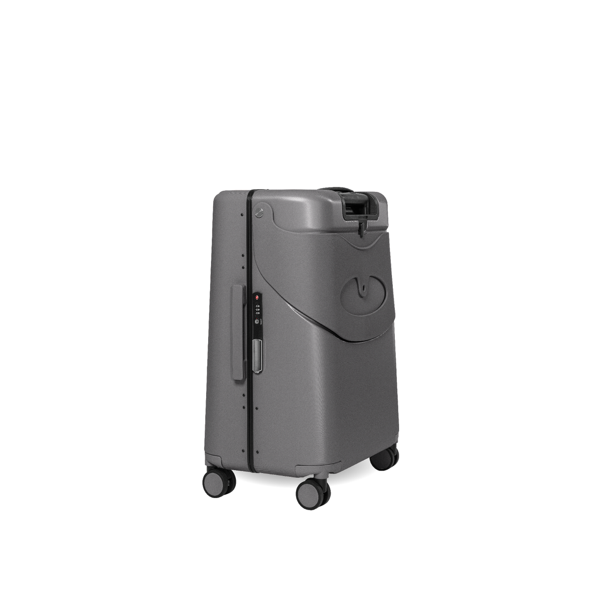 MiaMily Check In suitcase in charcoal grey with four wheels, hard shell exterior, and retractable handle for travel.