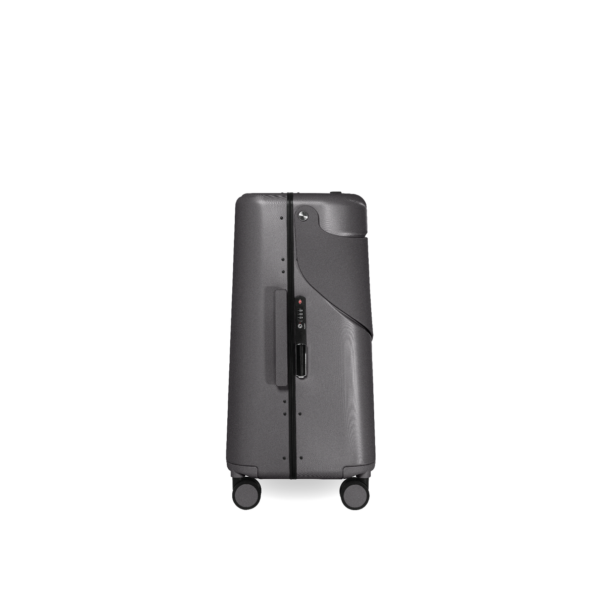 MiaMily Check In suitcase in charcoal grey with four spinner wheels and a telescopic handle, standing upright on a flat surface.