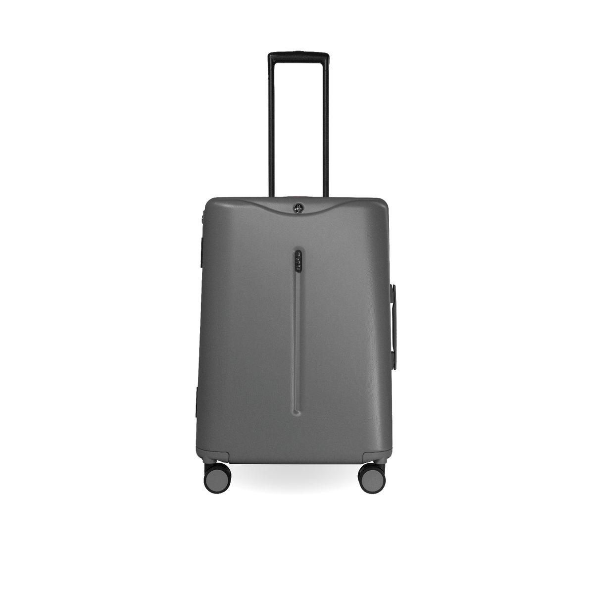 Charcoal grey MiaMily Check In suitcase with four wheels and telescopic handle, durable hard shell for travel.