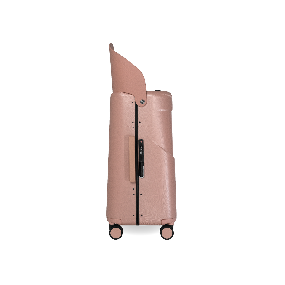 MiaMily Check In suitcase in Dusty Pink with hard shell exterior, four spinner wheels, and ergonomic handle for easy travel.