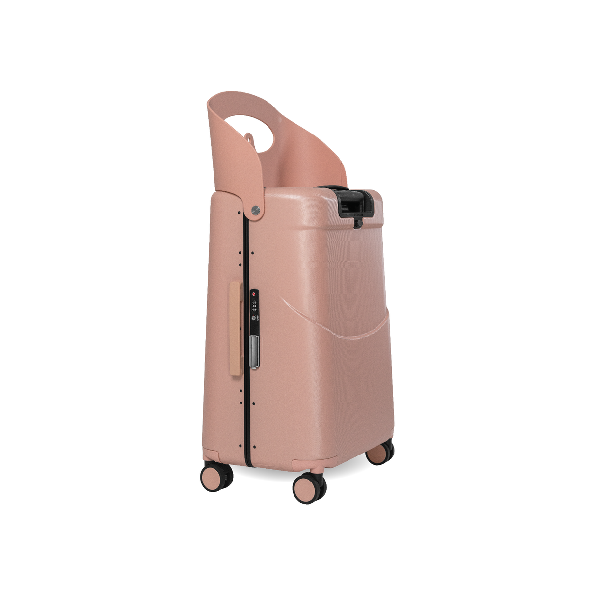 Dusty pink MiaMily Check In suitcase with hard shell exterior and silver telescoping handle, standing upright on a plain background.