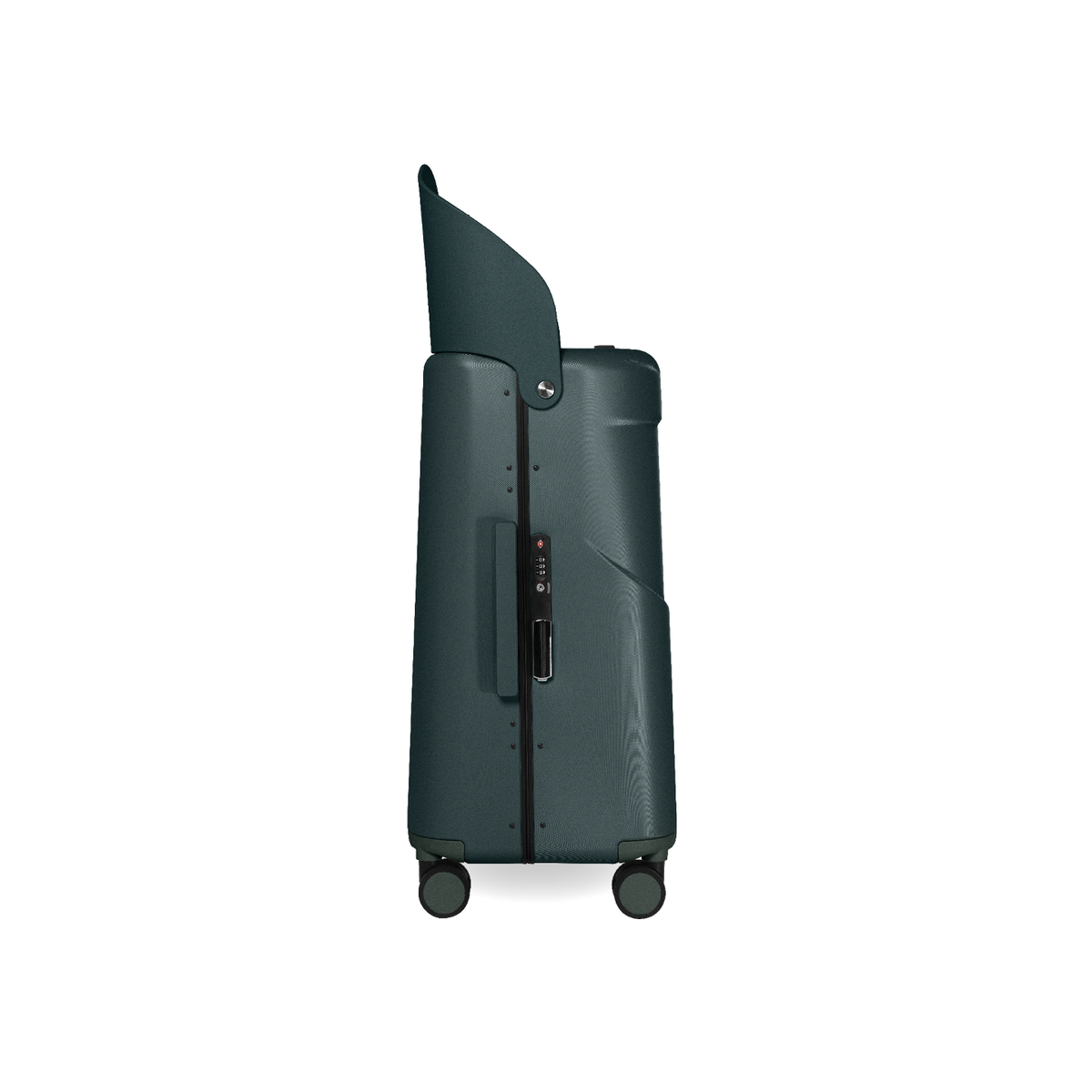 Forest green MiaMily Check In suitcase with hard shell exterior, four spinner wheels, and retractable handle for easy travel.