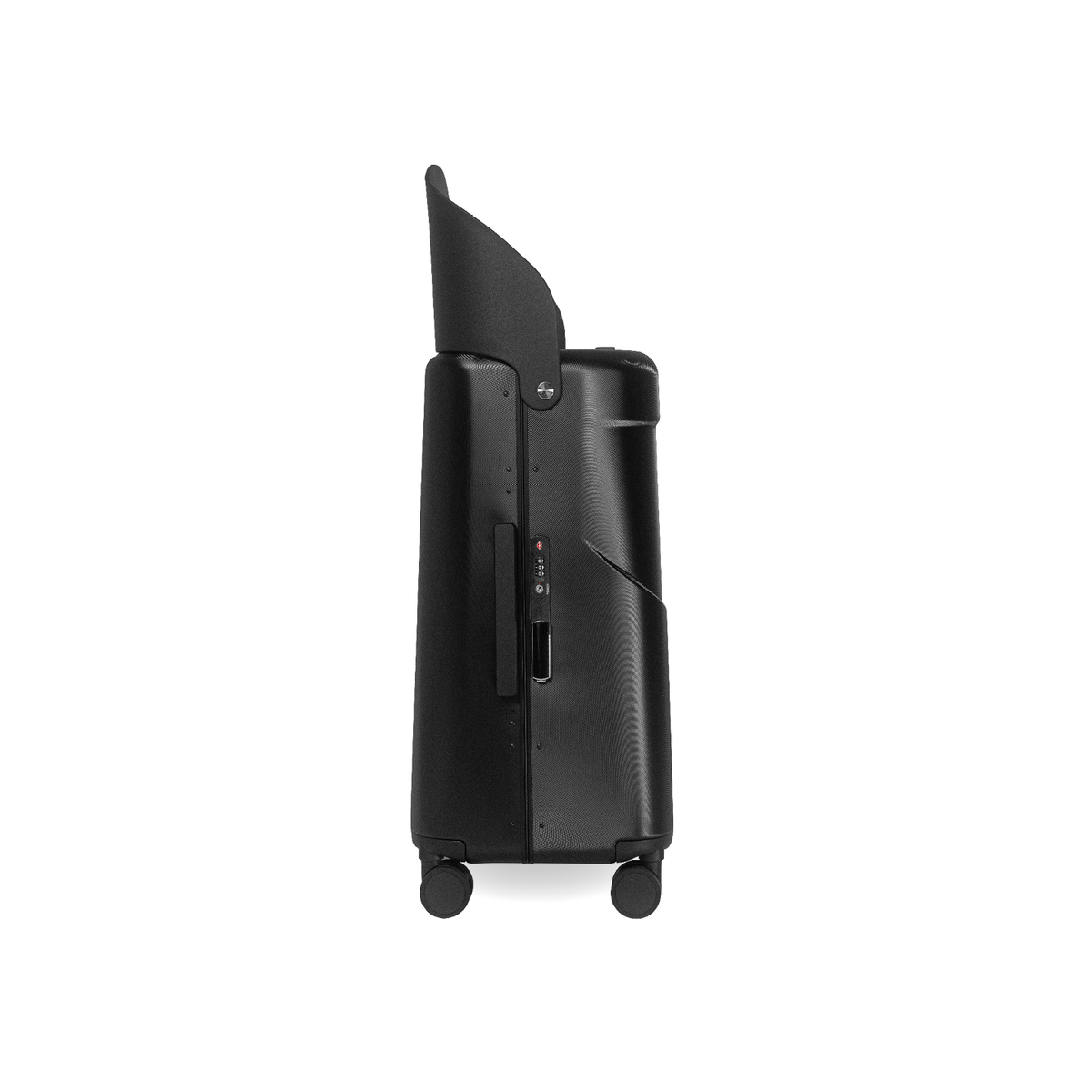 MiaMily Check In suitcase in midnight black with four spinner wheels and expandable design for travel convenience.