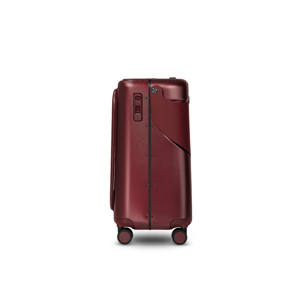 Burgundy red MiaMily Check In Plus suitcase with four wheels and retractable handle, stylish and durable travel luggage.
