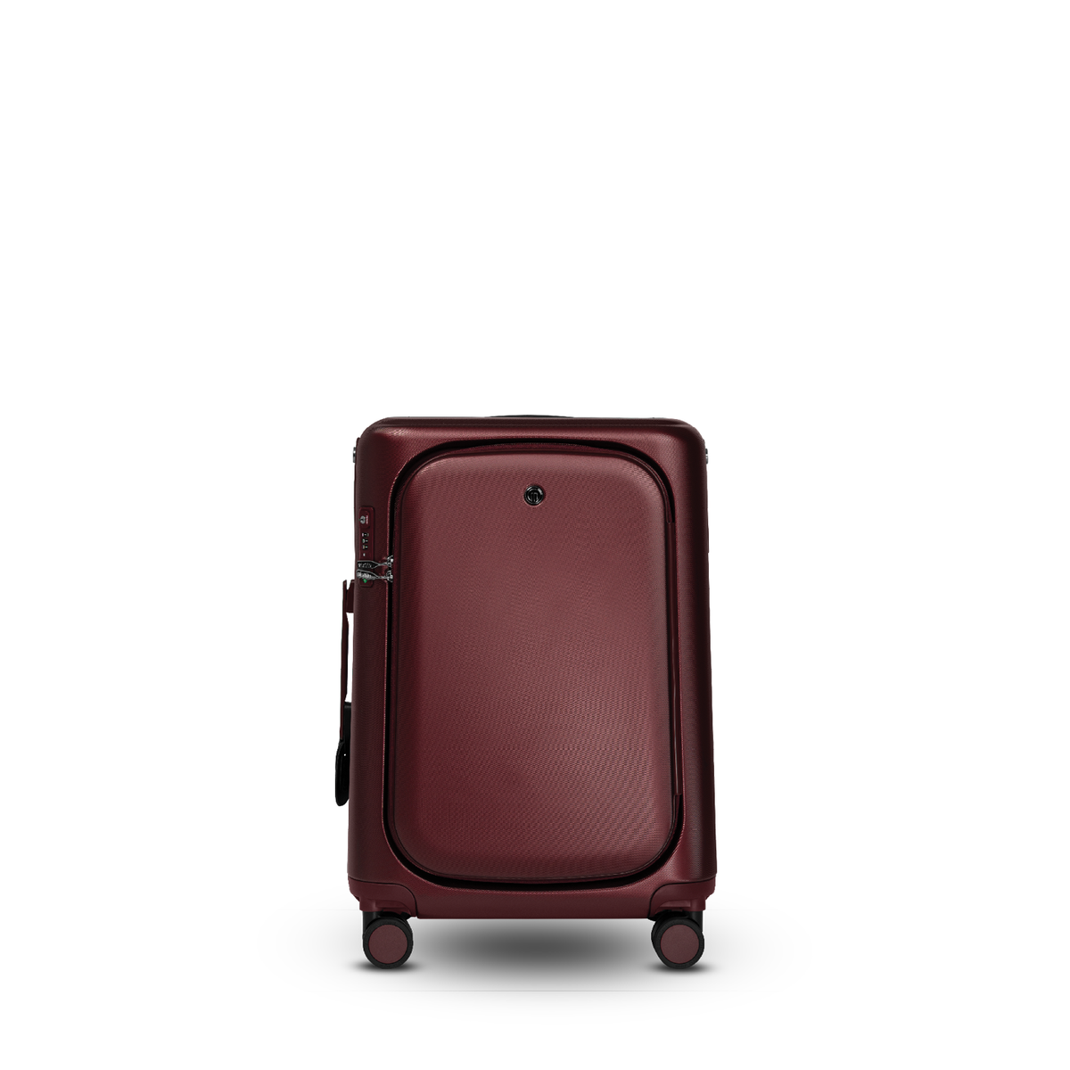 Burgundy red MiaMily Check In Plus suitcase with spinner wheels and extendable handle, outdoor-ready travel luggage.