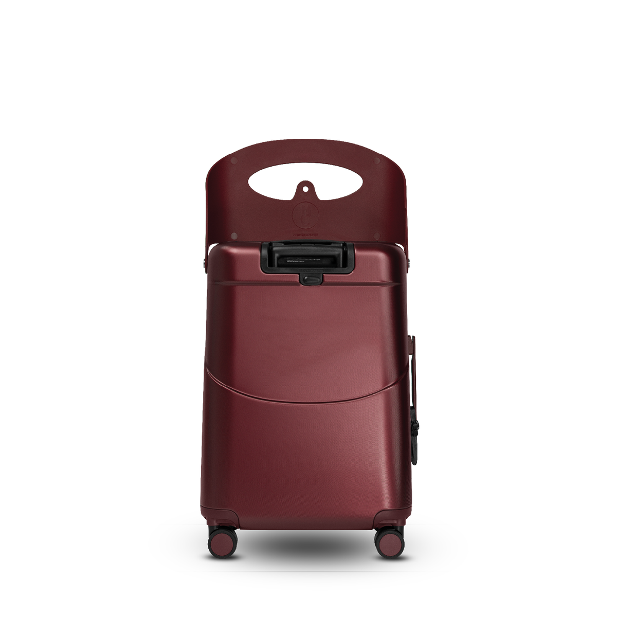 Burgundy red MiaMily Check In Plus suitcase with hard shell exterior and four spinner wheels, front view.
