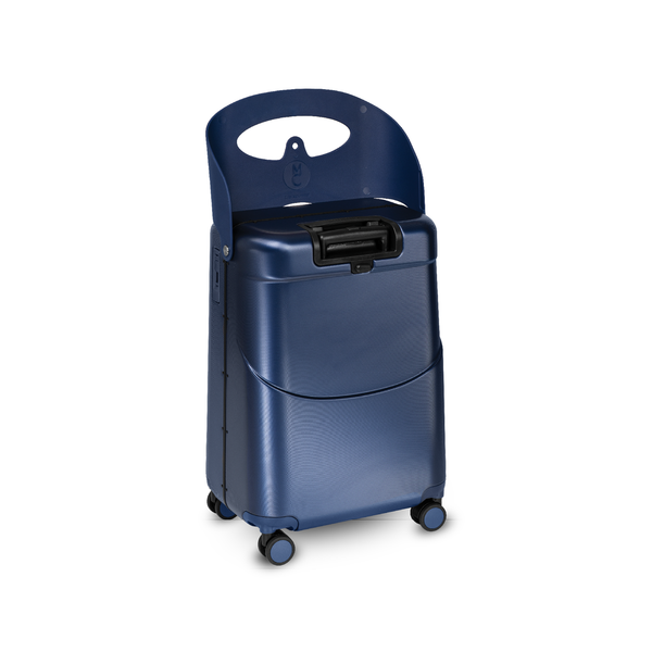 Navy blue MiaMily Check in Plus suitcase with sturdy wheels and retractable handle, designed for travel durability.