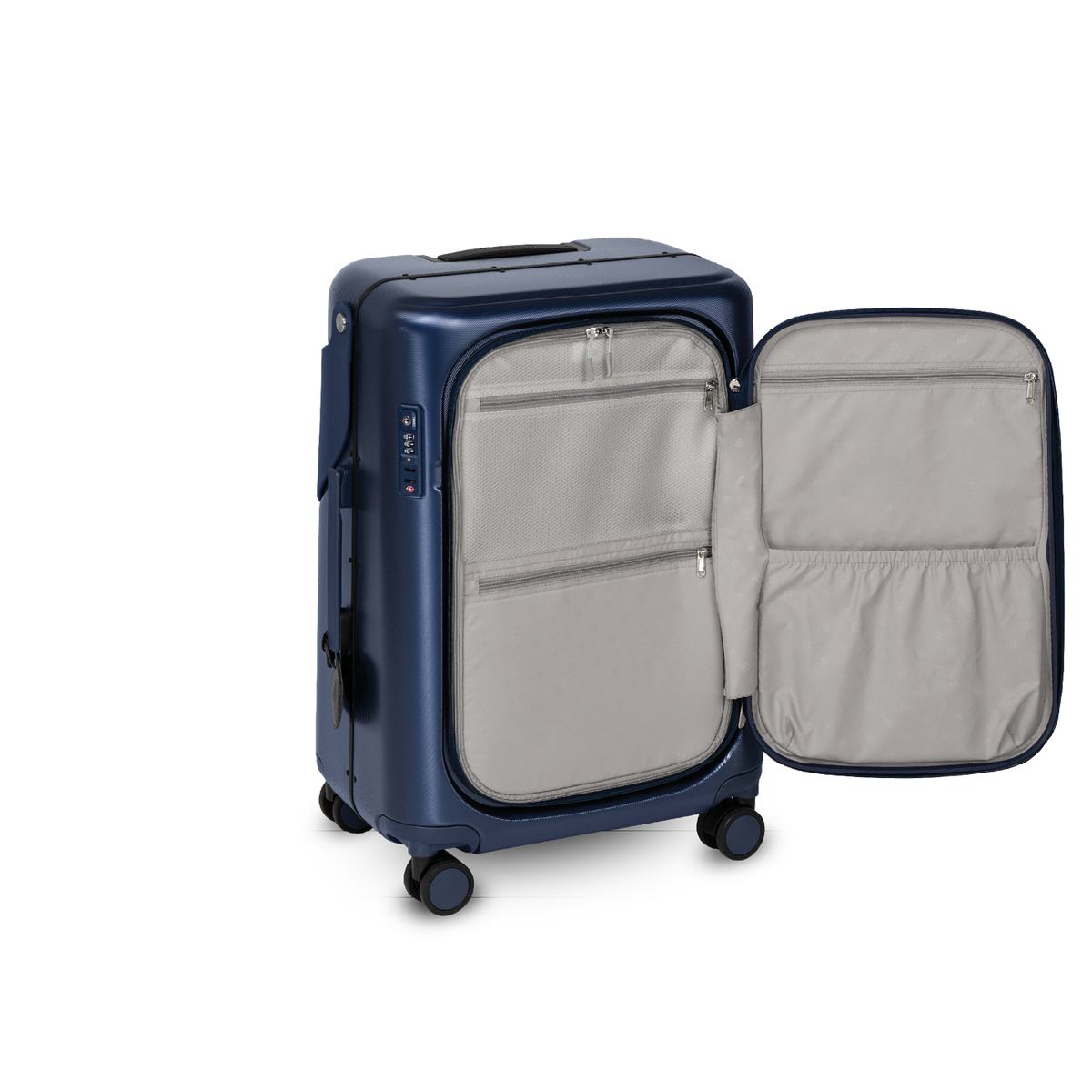 Navy blue MiaMily Check in Plus suitcase with four spinner wheels and retractable handle, lightweight travel luggage.