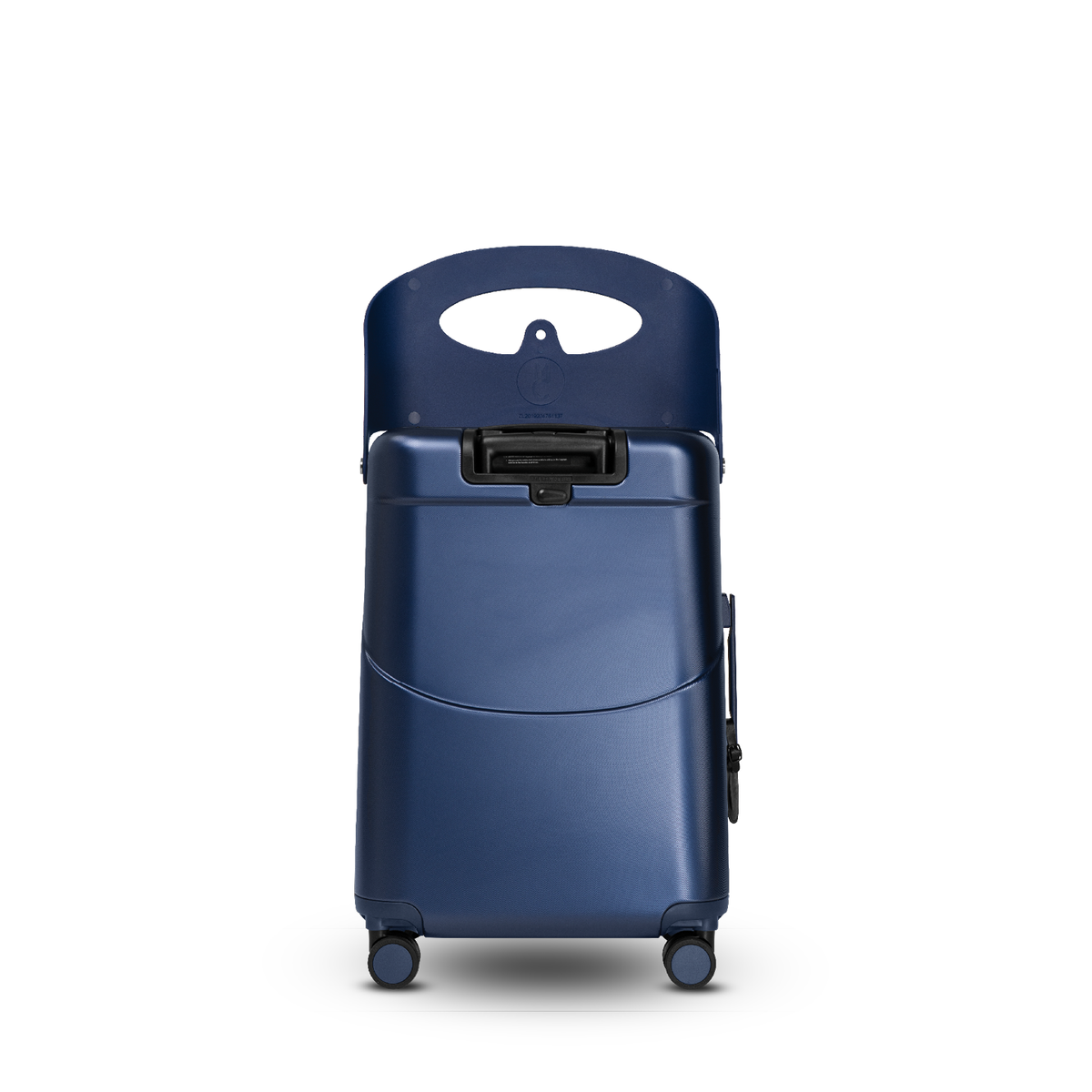 Navy blue MiaMily Check in Plus suitcase with four wheels, telescopic handle, and spacious interior for travel storage.