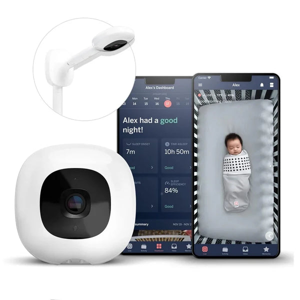 Nanit Smart Baby Pro Monitor with wall mount attached to nursery wall, showcasing its compact design and fixed setup for baby monitoring.