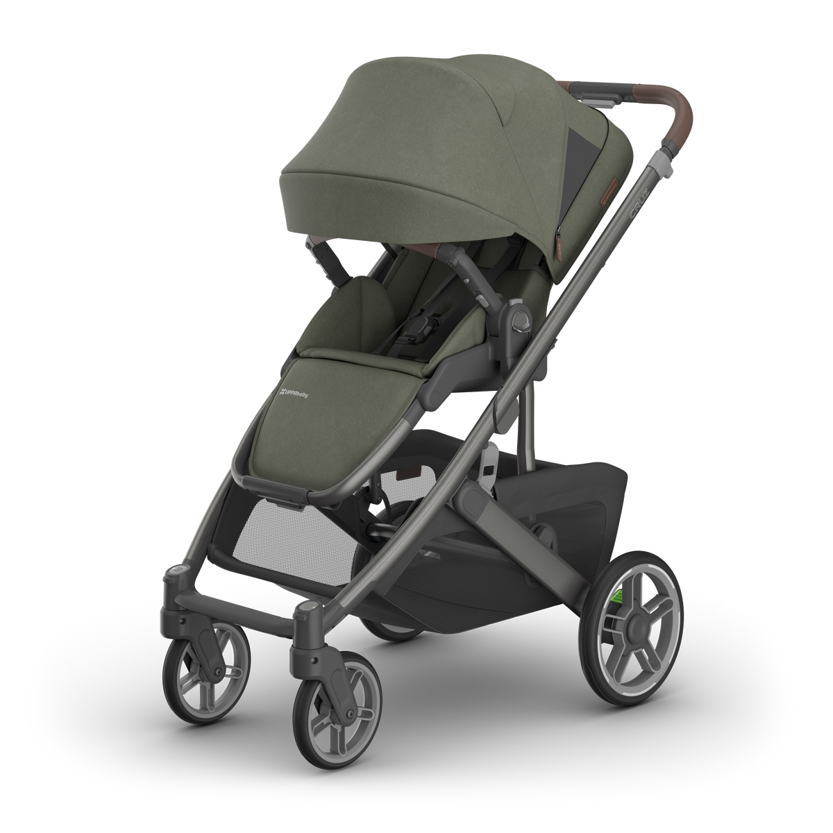 UPPAbaby Cruz V3 Pram - Evelyn (Meadow Green), three quarter left sunshade