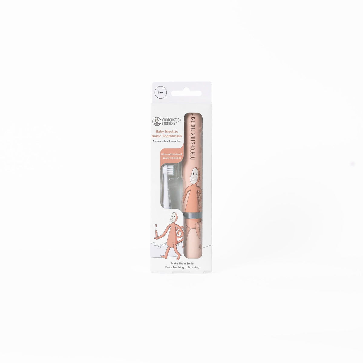 Matchstick Monkey Baby Sonic Toothbrush - Dusty Pink with ultra-soft bristles and protective cap for baby oral care