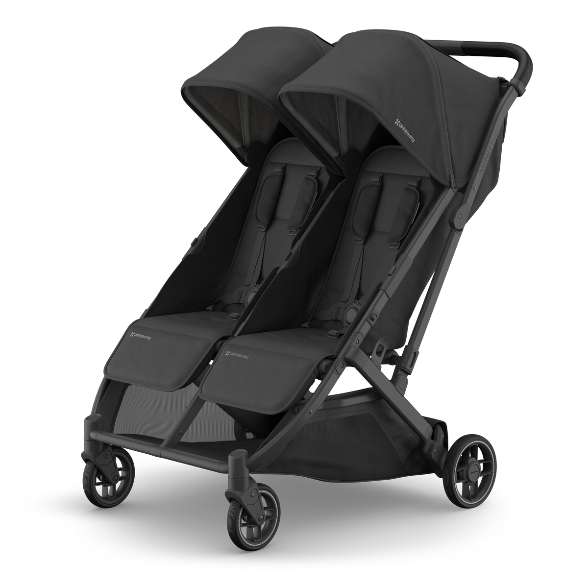 UPPAbaby Minu Duo Stroller - Jake (Charcoal / Carbon / Black Leather), three quarter left hero
