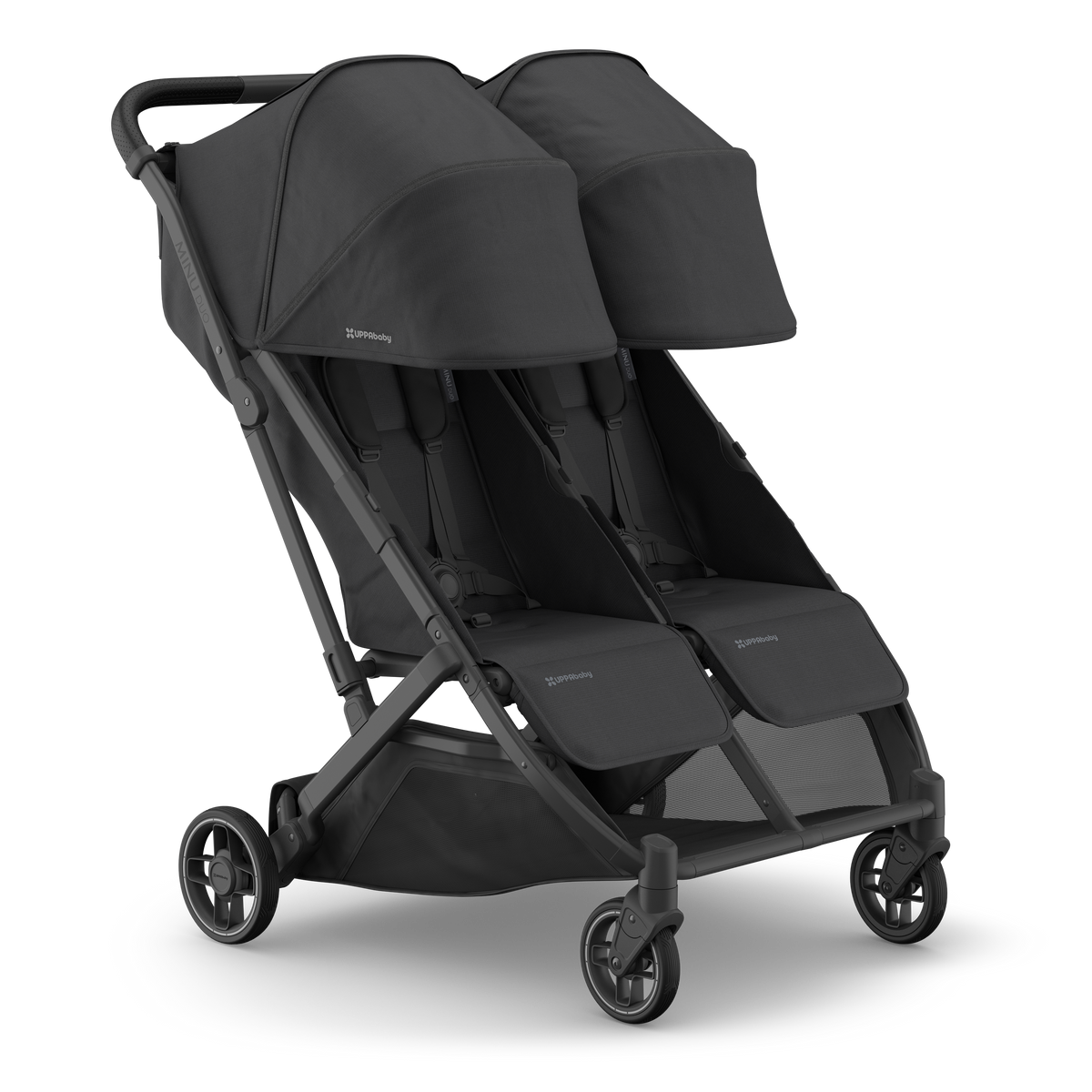 UPPAbaby Minu Duo Stroller - Jake (Charcoal / Carbon / Black Leather), three quarter right sunshade