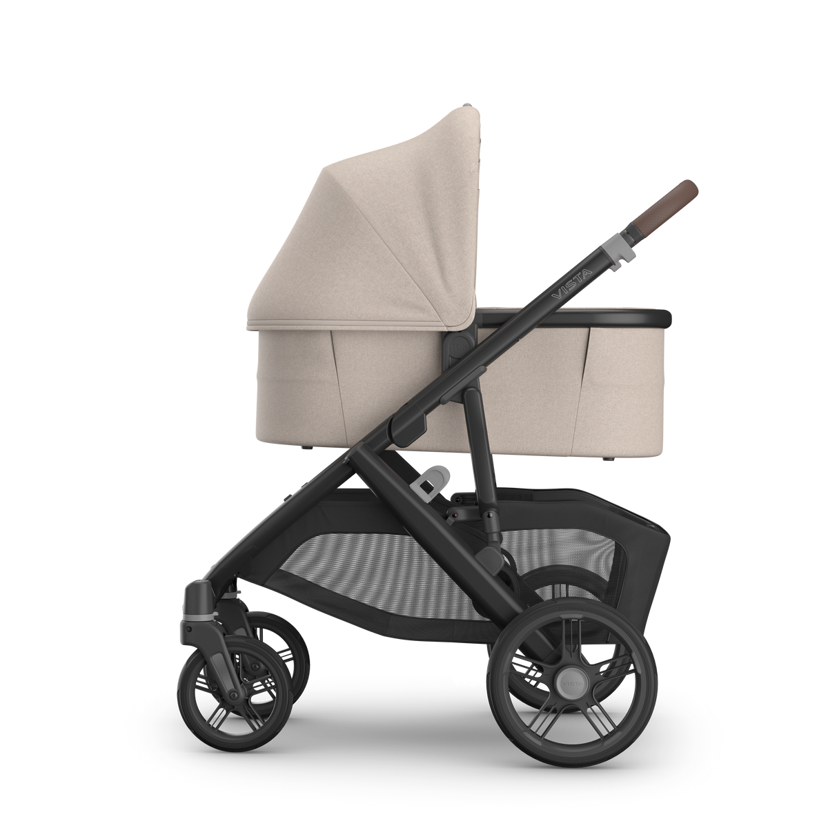 UPPAbaby V3 Bassinet - Ada (Sandstone / Chestnut Leather), on Vista V3, side