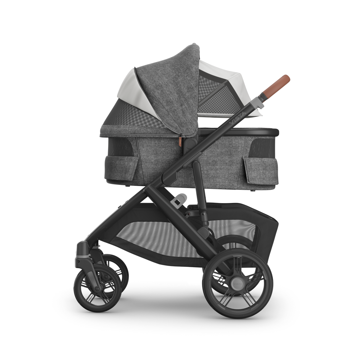 UPPAbaby V3 Bassinet - Greyson (Charcoal Melange / Black), on Vista V3, side, all vents open