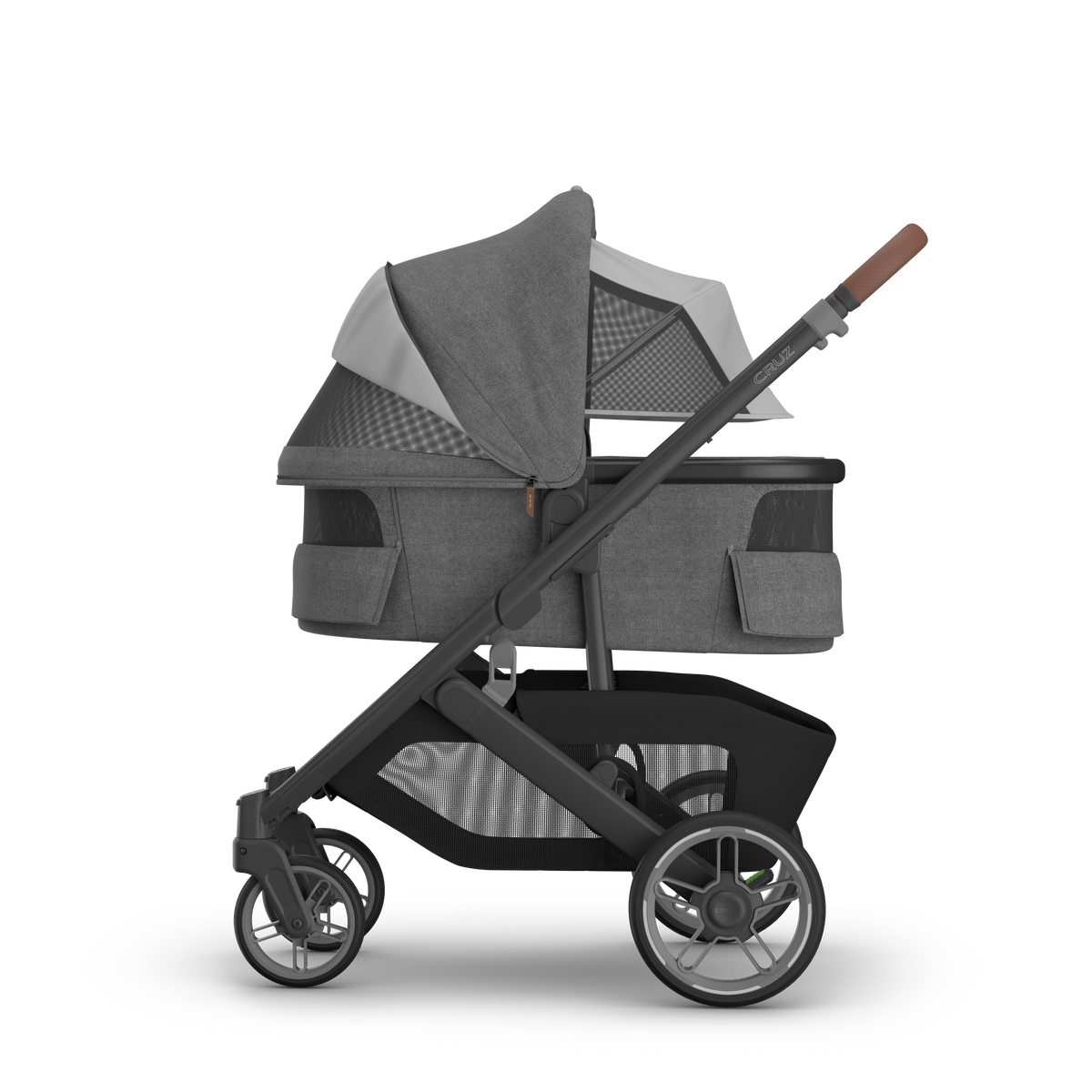 UPPAbaby V3 Bassinet - Greyson (Charcoal Melange / Black), on Cruz V3, side, all vents open