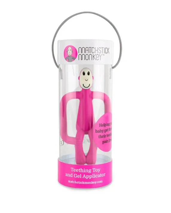 Matchstick Monkey Teething Toy and Gel Applicator - Pink baby teether for sore gums with textured bumps and easy-grip design