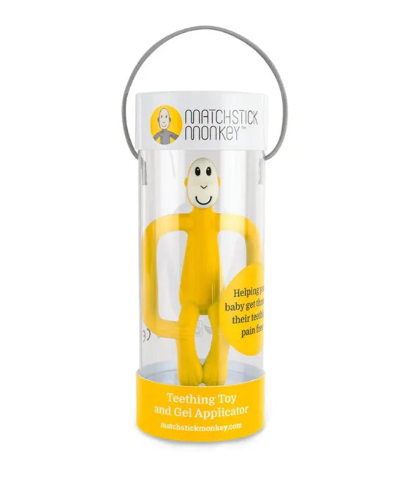 Matchstick Monkey Teething Toy and Gel Applicator - Yellow baby teether for sore gums with textured bumps and easy-grip design