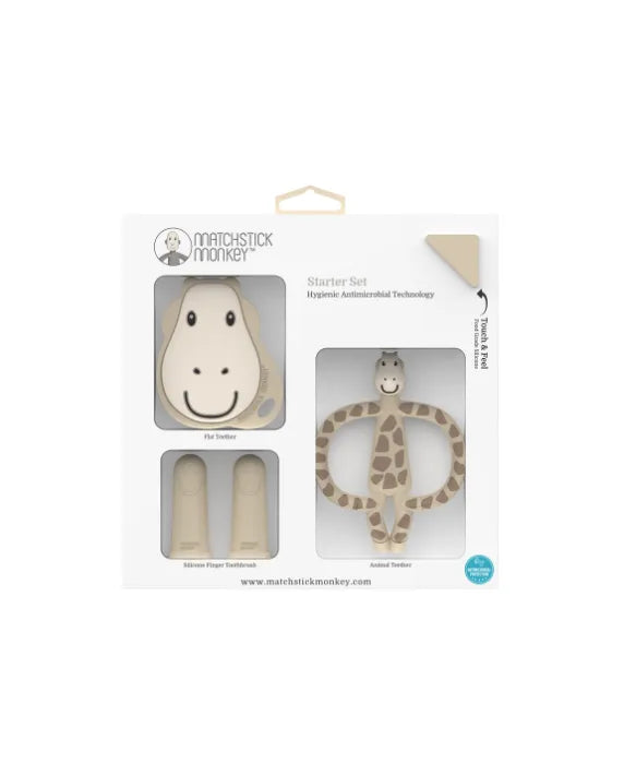 Matchstick Monkey Gigi Giraffe Teething Starter Set with teether, flat teether and silicone finger toothbrush for babies