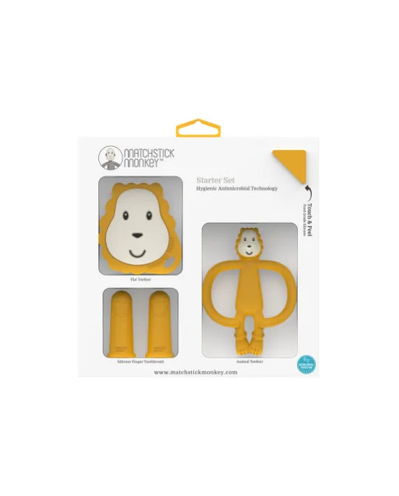 Matchstick Monkey Ludo Lion Teething Starter Set with teether, flat teether and silicone finger toothbrush for babies