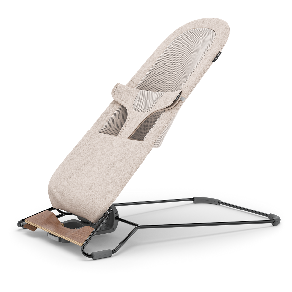 UPPAbaby Mira Baby Bouncer - Charlie (Sand Melange / Black Chrome / Walnut Wood), three quarter left