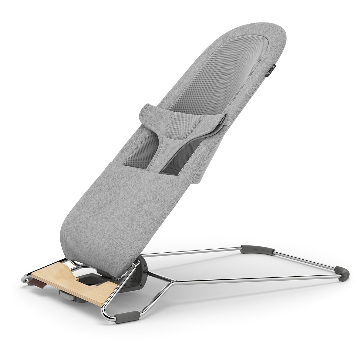UPPAbaby Mira Baby Bouncer - Stella (Grey Mélange / Silver Chrome / Maple Wood), three quarter left