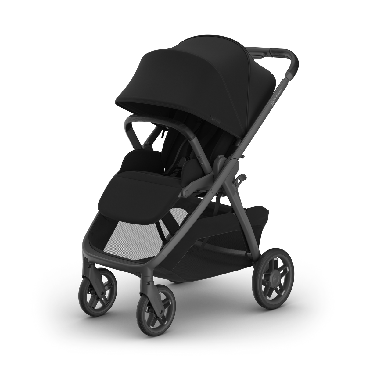 UPPAbaby Kona pram in James (black), three-quarter view from the left with the sunshade extended