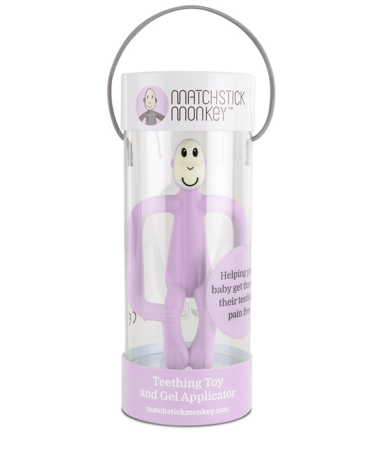 Matchstick Monkey Teething Toy and Gel Applicator - Lilac baby teether for sore gums with textured bumps and easy-grip design