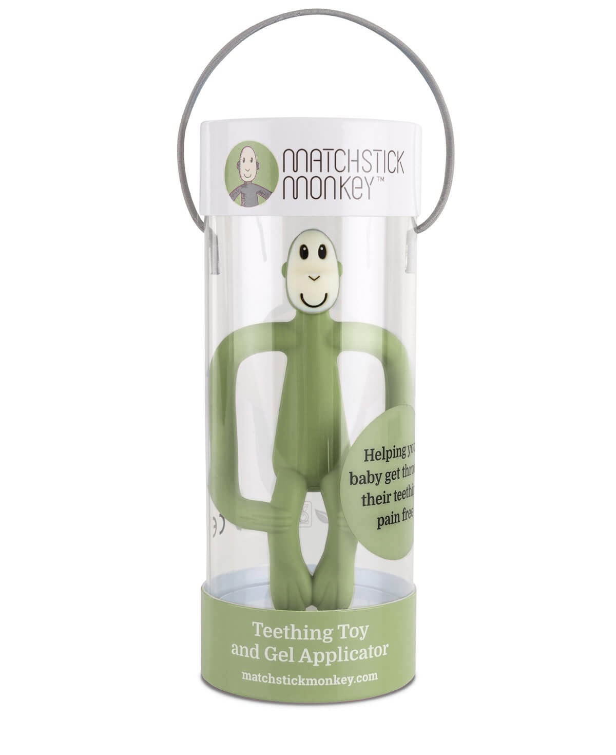 Matchstick Monkey Teething Toy and Gel Applicator - Olive baby teether for sore gums with textured bumps and easy-grip design