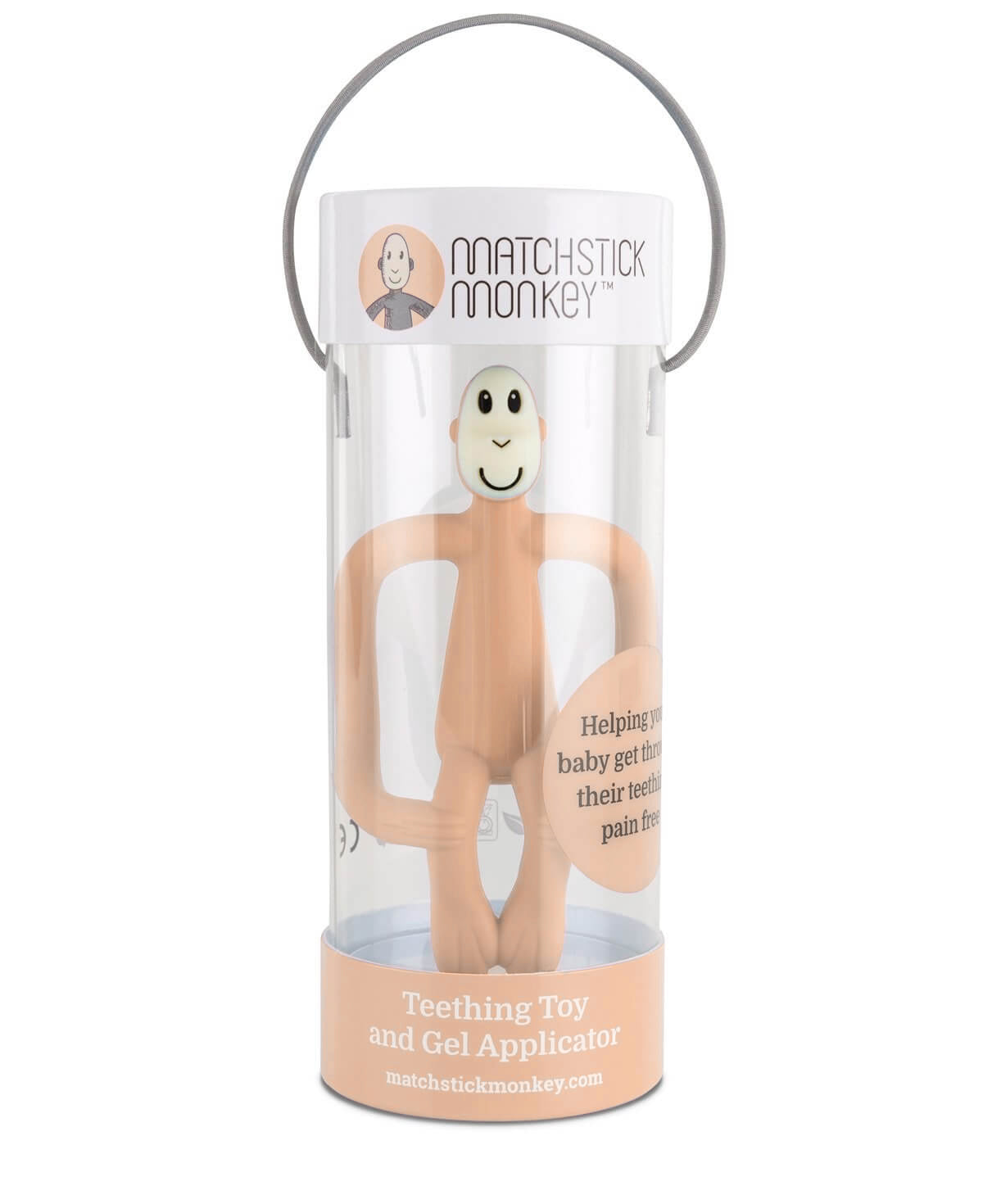 Matchstick Monkey Teething Toy and Gel Applicator - Peach baby teether for sore gums with textured bumps and easy-grip design