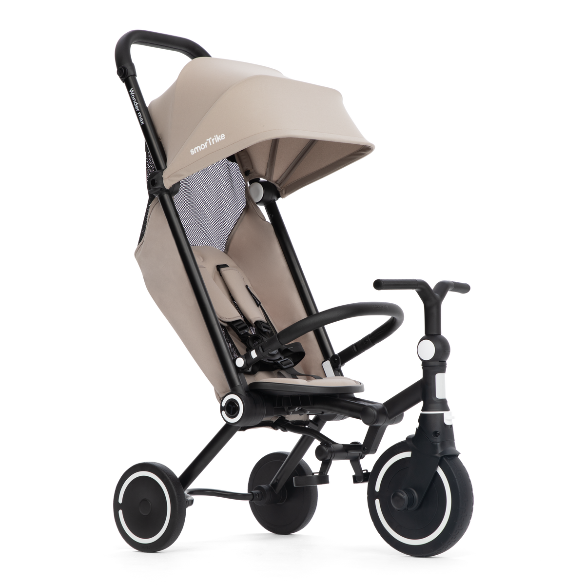 Smartrike Wonder Max trike in stone beige with reclining seat and safety harness, perfect for toddler outdoor adventures.