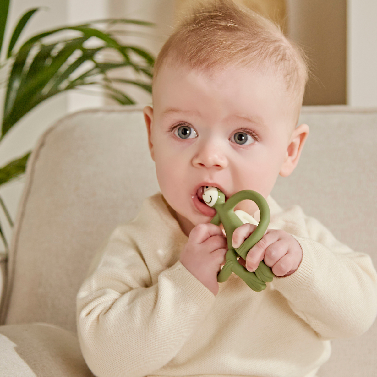 Matchstick Monkey Teething Toy and Gel Applicator - Olive baby teether for sore gums with textured bumps and easy-grip design