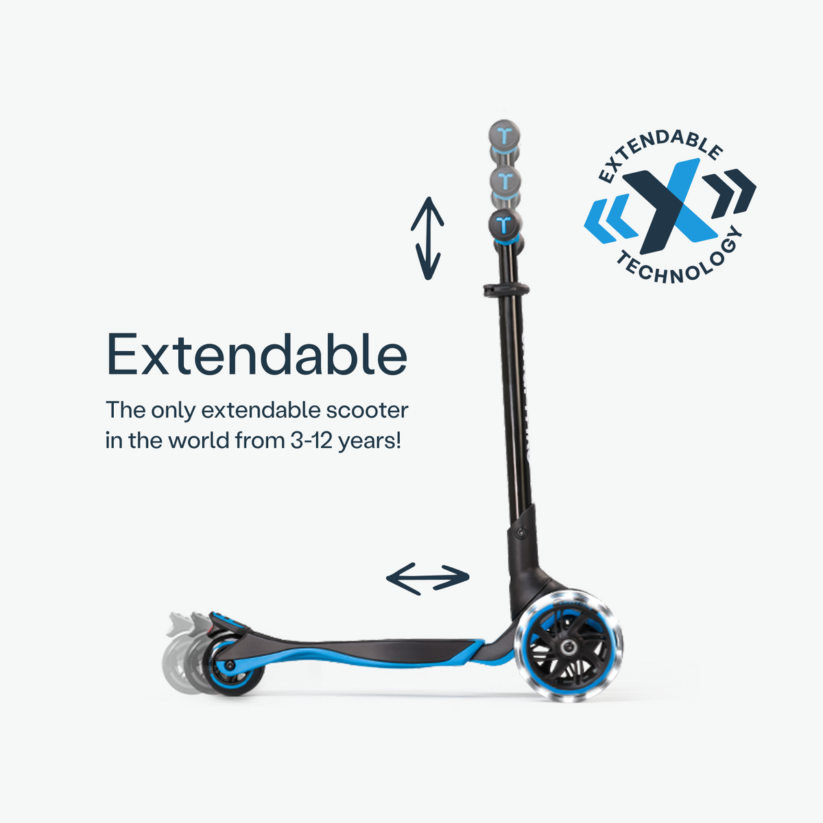 Blue smarTrike Xtend Ride-on scooter with extendable handlebar and sturdy wheels for young children.