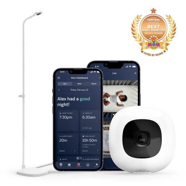 Nanit Smart Baby Monitor with floor stand, showing a baby in a nursery setup with camera and monitor display