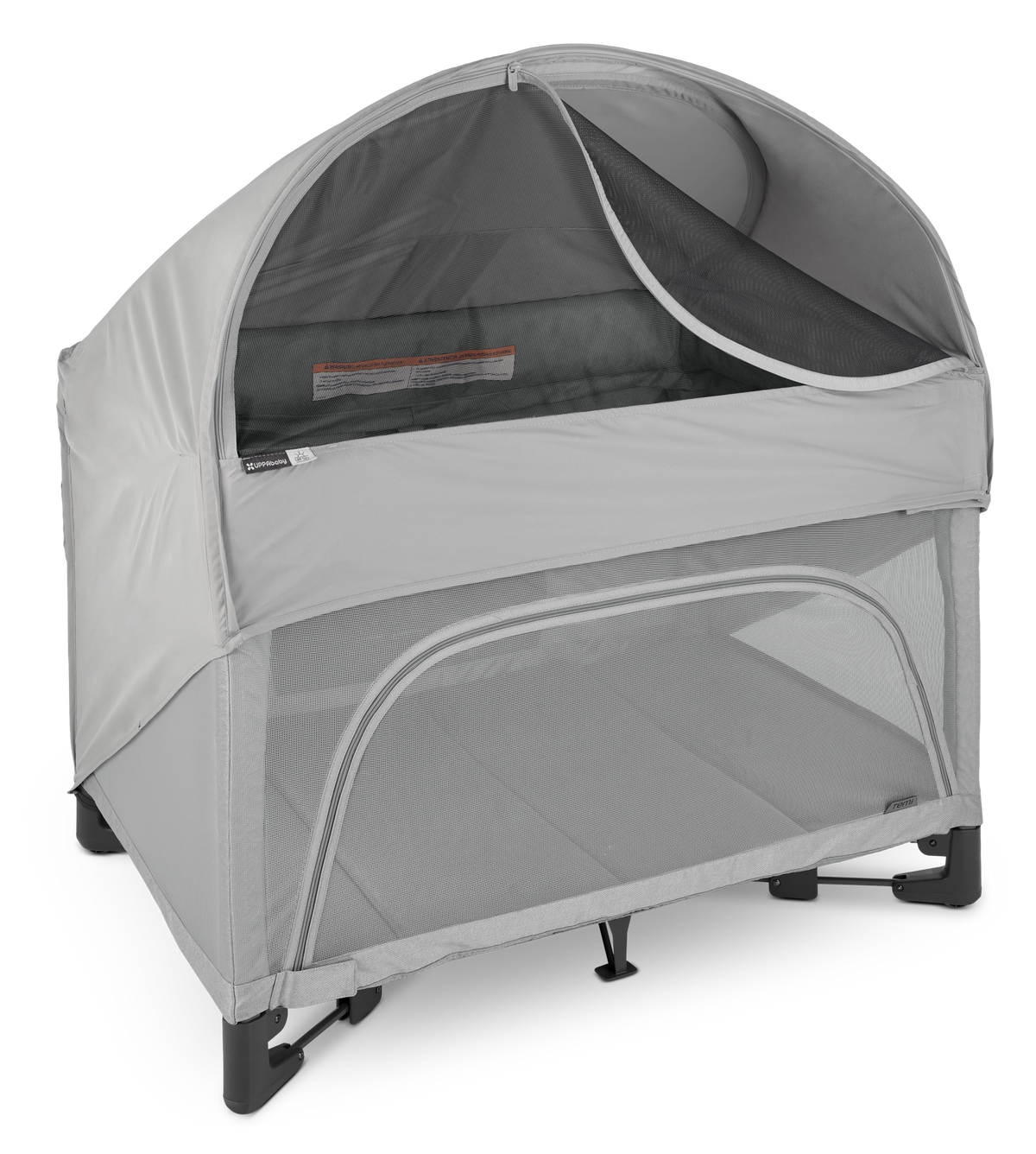 UPPAbaby Remi Portacot Canopy, on Remi, unzipped