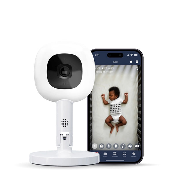 Nanit smart baby monitor with flexible stand for travel and multi-room use, showing adjustable stand and compact design