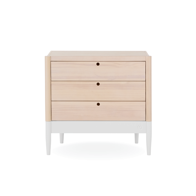 Gaia Baby Eos Dresser in natural wood finish with white accents, featuring multiple drawers and modern design for nursery storage.