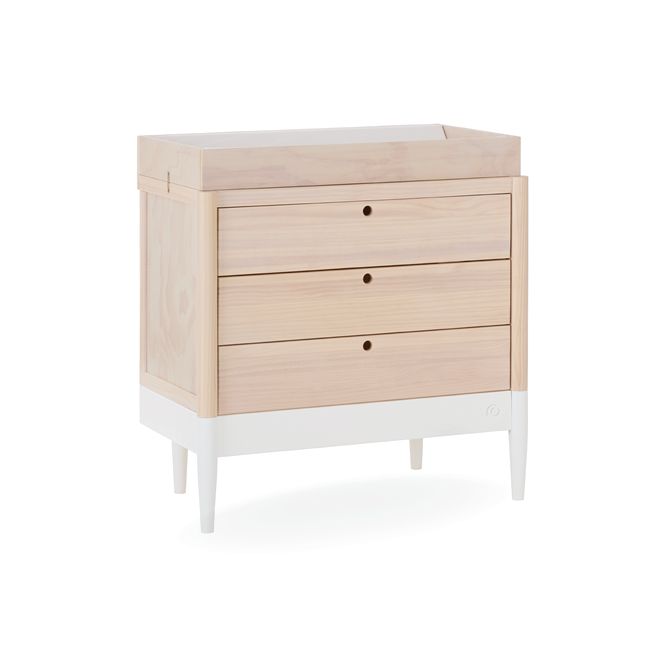 Gaia Baby Eos Dresser in natural wood finish with white accents, showcasing a modern nursery storage solution with multiple drawers.