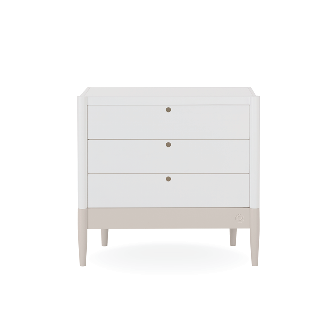 White Gaia Baby Eos Dresser with soft cashmere finish, featuring sleek drawers and modern design for nursery storage.