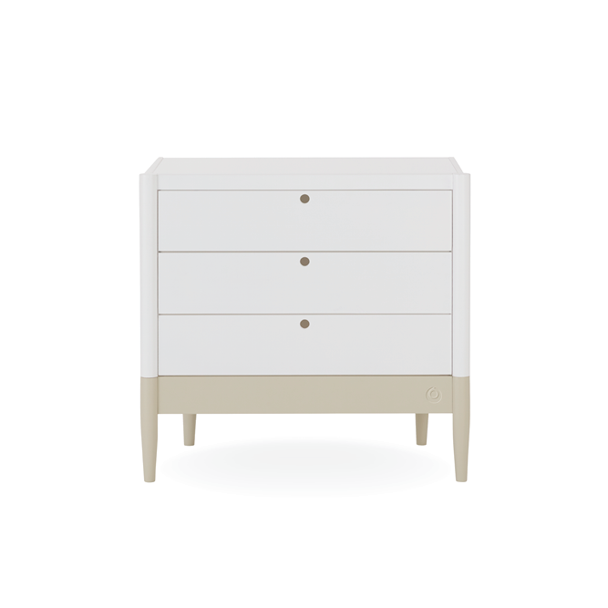 White Gaia Baby Eos Dresser with sleek design and multiple storage drawers, set against a neutral background.