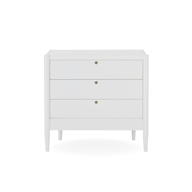 White Gaia Baby Eos dresser with sleek design and multiple drawers, shown with a wooden top and modern style.