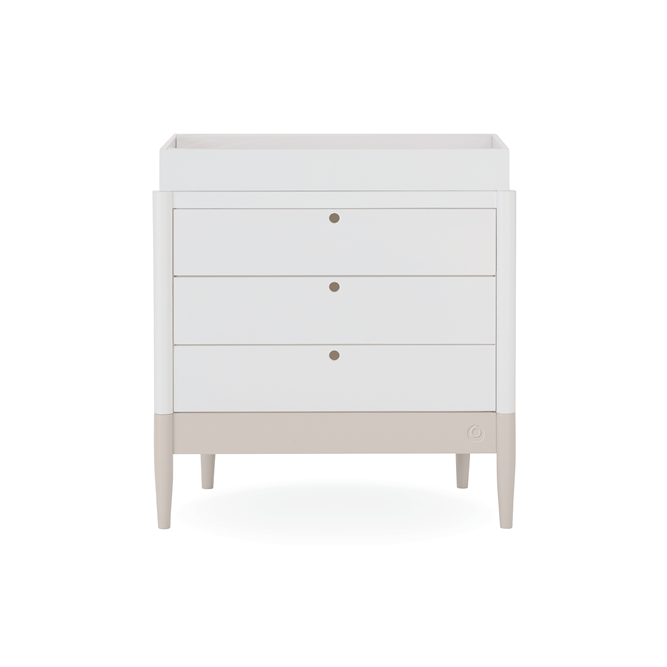White Gaia Baby Eos Dresser with soft cashmere finish, featuring multiple drawers and modern design for nursery storage.