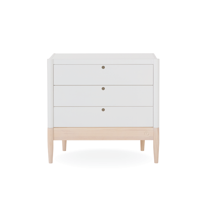 White Gaia Baby Eos Dresser with natural wood accents, featuring multiple drawers and sleek modern design.