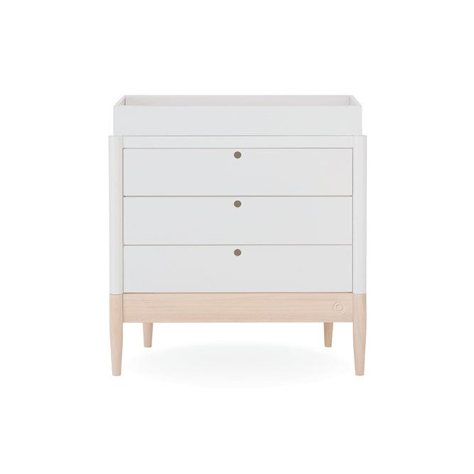 Gaia Baby Eos Dresser in white with natural wood accents, featuring multiple drawers for nursery storage and organization.