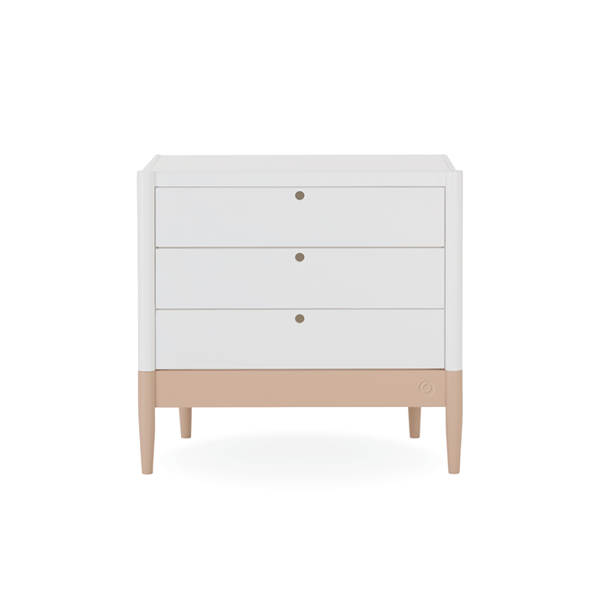 White Gaia Baby Eos Dresser with powder blush finish, featuring multiple drawers and sleek modern design.