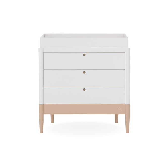 White Gaia Baby Eos Dresser with powder blush finish, showcasing its sleek frame and multiple storage drawers.