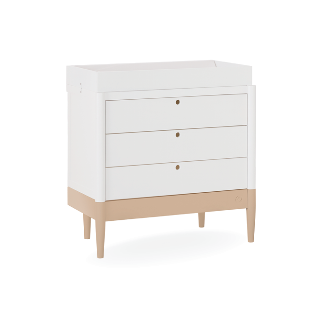 White Gaia Baby Eos dresser with a smooth finish and modern design, featuring multiple drawers for nursery storage.